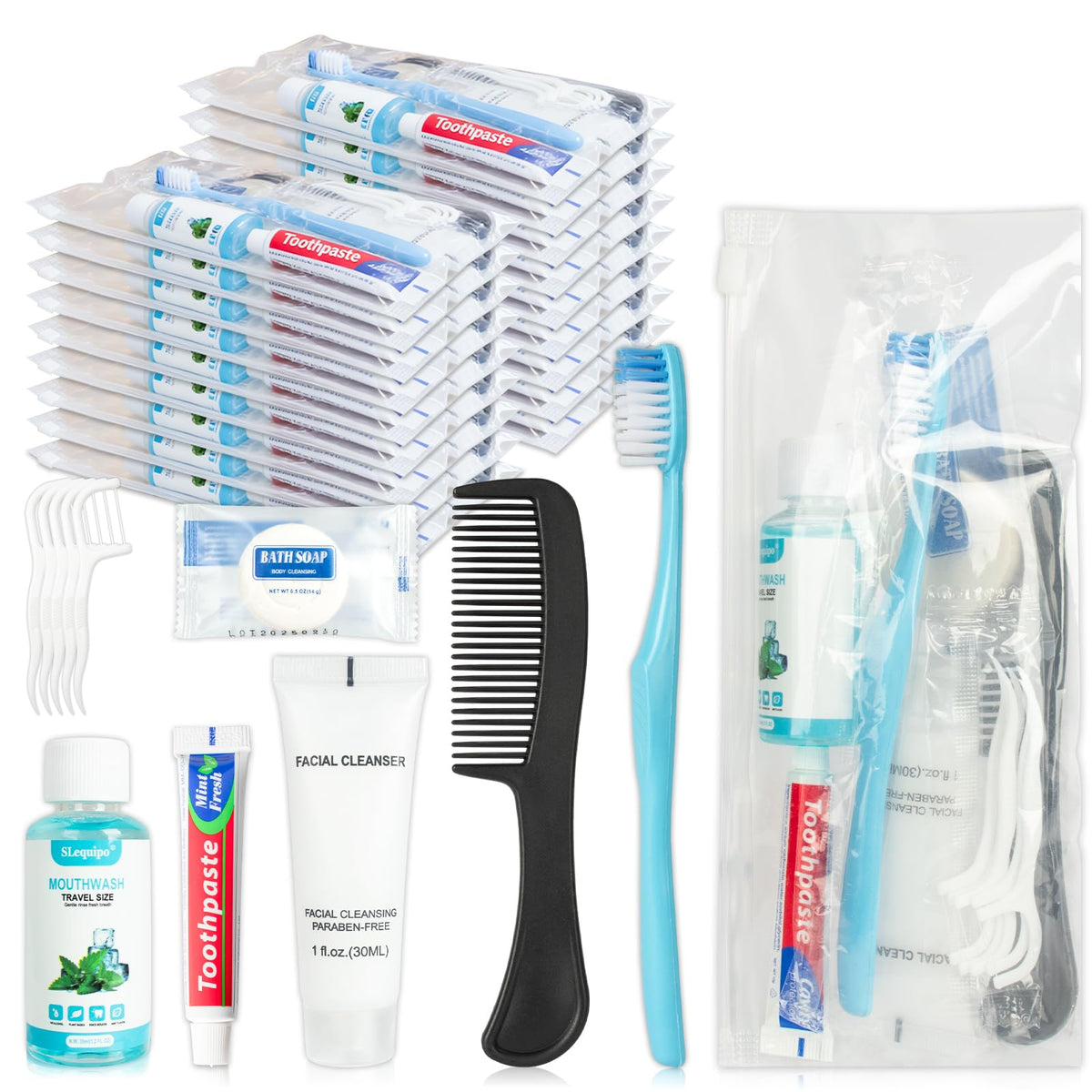 Travel Toothbrush Kit with Toothpaste Mouthwash and Hygiene Essentials