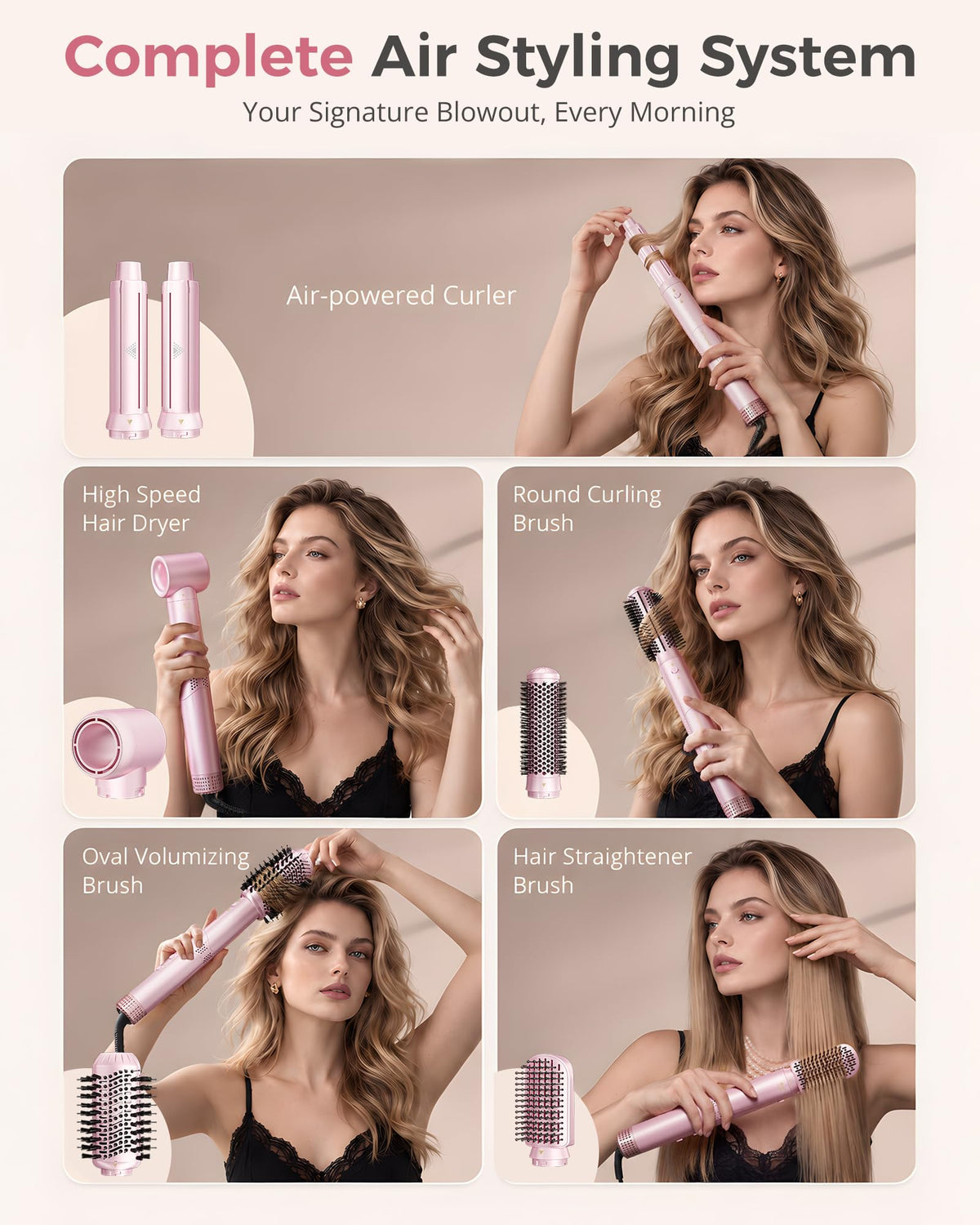 6 in 1 Air Multi Styler Hair Dryer Brush with Auto Wrap Curlers